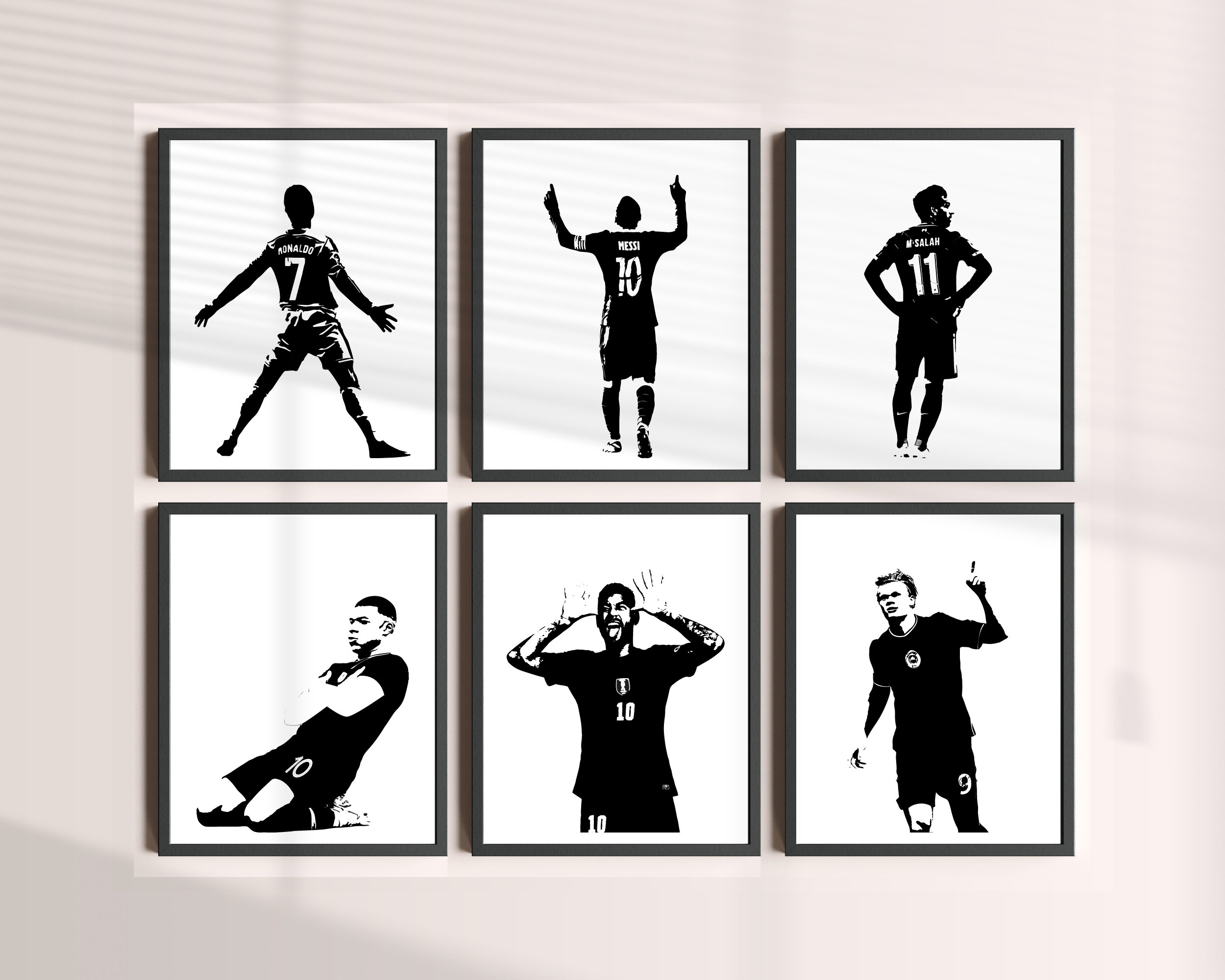 Set of 6 Digital Prints, Messi Ronaldo Salah Neymar Mbappe haaland Black and White Posters Bundle, Printable Football Wall Set