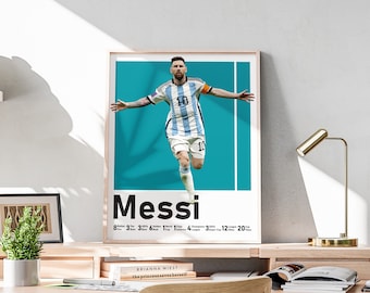 Afdrukbare Lionel Messi-poster, voetbalkunst aan de muur, Argentijnse voetbalgeit, Messi kunst aan de muur, inclusief voetbaltitels