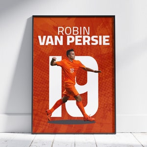 Oranje poster Robin van Persie, afdrukbare voetbalkunst, Nederlands elftal, kinderkamerdecoratie, 20 x 28 inch