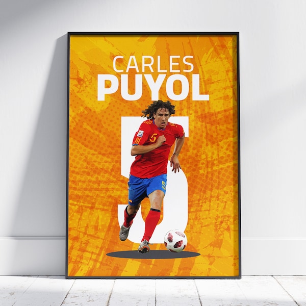 Spanish Legendary Captain, Carles Puyol Poster, Nostalgic Football Gifts for Father, Orangey Yellow and Red Sports Art, A2 Size Print
