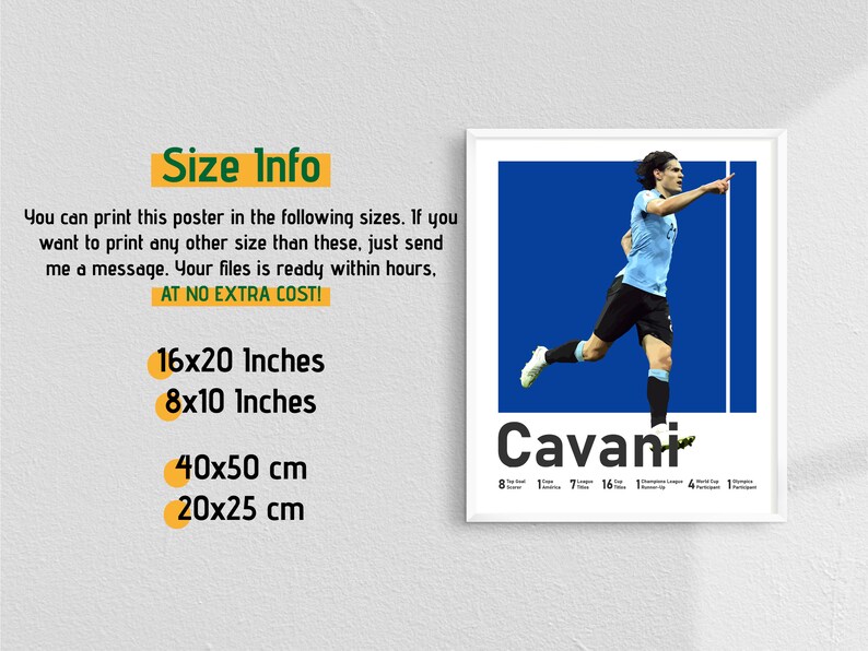 Puede incluir: Un p&oacute;ster con un jugador de f&uacute;tbol con una camiseta azul claro celebrando un gol. El p&oacute;ster se titula "Cavani" e incluye las estad&iacute;sticas del jugador. El p&oacute;ster est&aacute; disponible en cuatro tama&ntilde;os: 16x20 pulgadas, 8x10 pulgadas, 40x50 cm y 20x25 cm.