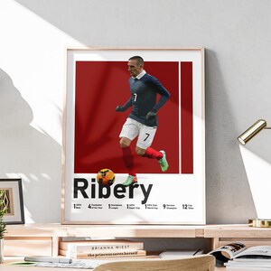 May include: Framed poster featuring a soccer player in a blue jersey with the number 7, white shorts, and red socks. The player is kicking a soccer ball. The poster has a red background and the player's name, Ribery, is displayed prominently.