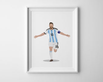Puede incluir: Una ilustración digital de un jugador de fútbol que lleva una camiseta a rayas azul claro y blanca con el número 10. El jugador está celebrando un gol con los brazos en alto.