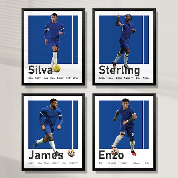 Lot de 4 affiches de football, art numérique du football, Thiago Silva, Sterling, Reece James, Enzo Fernandez, cadeau petit-fils de grand-mère, sticker football