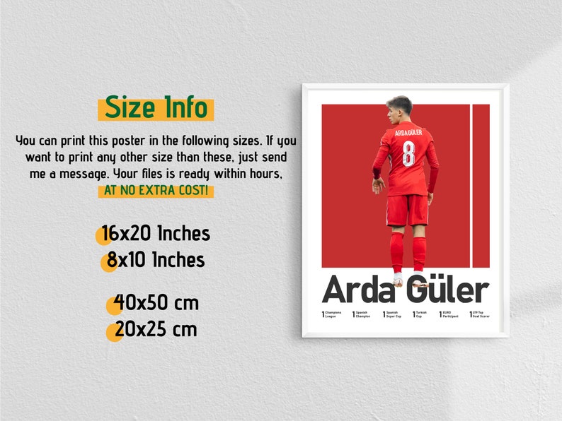 May include: A digital poster featuring a soccer player wearing a red jersey with the number 8 on the back. The player's name, "Arda G&uuml;ler", is printed in black below the image. The poster is available in four sizes: 16x20 inches, 8x10 inches, 40x50 cm, and 20x25 cm.