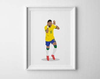 Neymar Junior Hand Drawn Poster, Brazilian Athlete Neymar JR, Football Illustration