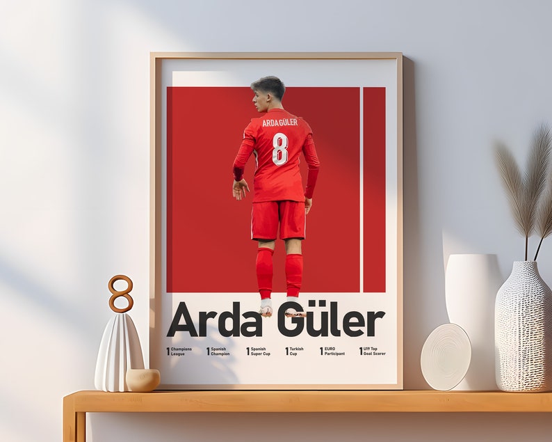 May include: A red and white poster featuring a soccer player wearing a red jersey with the number 8 on the back. The player's name, "Arda G&uuml;ler", is printed in black below the image. The poster also lists the player's accomplishments, including "1 Turkish Cup", "1 Turkish Super Cup", "1 Spanish Champion", "1 Champions League", "1 Euro Participant", and "Top Goal Scorer".