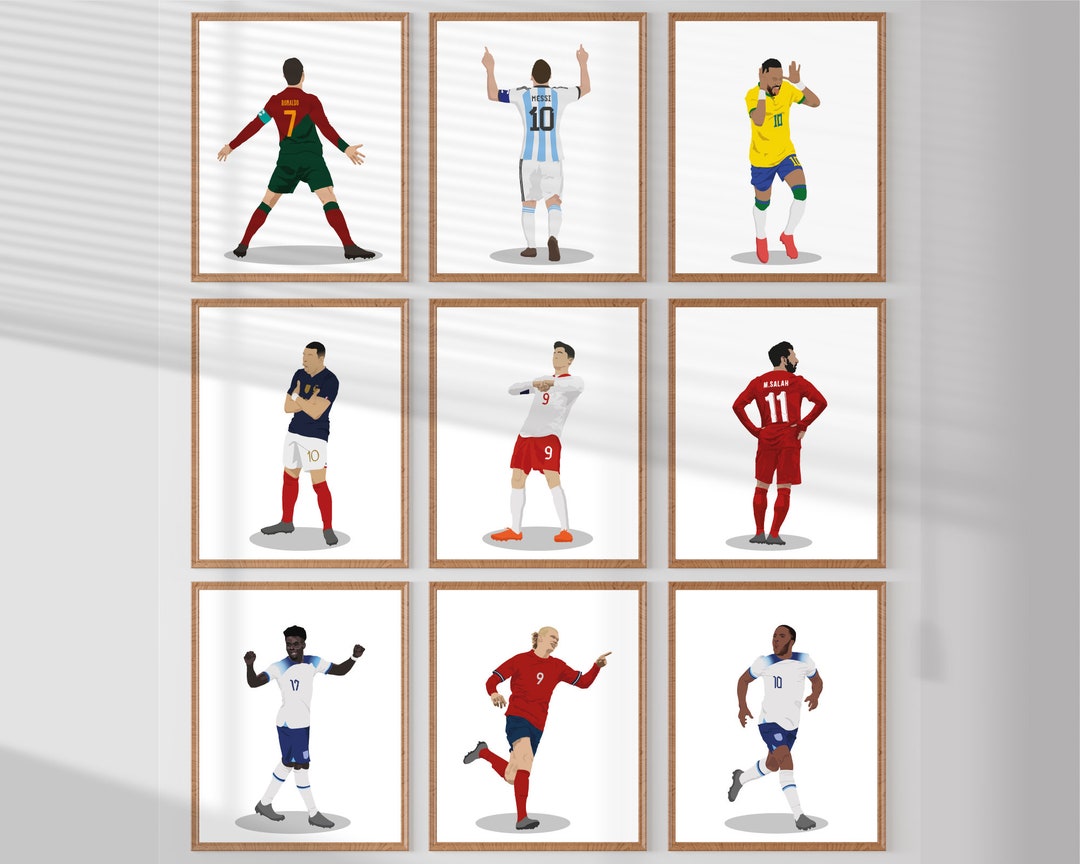 Printable Football Players Drawings Bundle, Set of 9 Prints, Messi