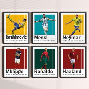 Pósters imprimibles de los 6 mejores futbolistas: Messi, Ronaldo, Ibrahimovic, Neymar, Mbappé y Haaland. Juego de 6 láminas. Arte mural de la selección nacional de fútbol.