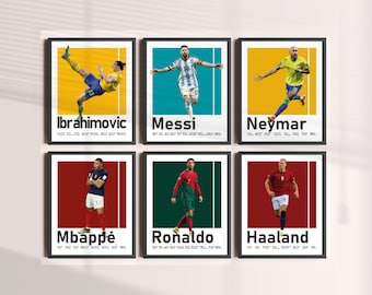 Printable 6 Best Footballers Poster Bundle, Messi Ronaldo Ibrahimovic, Neymar Mbappe Haaland, Set of 6 Prints, National Team Soccer Wall Art