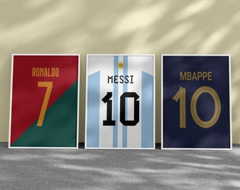 Imprimable Messi Ronaldo Mbappe Jersey Art Bundle, Ensemble de 3 tirages, Soccer Wall Art, Football Stars Poster