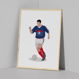 May include: A digital illustration of a soccer player wearing a blue and white jersey with the number 10 on the front. The player is dribbling a soccer ball with his right foot. The background is white.