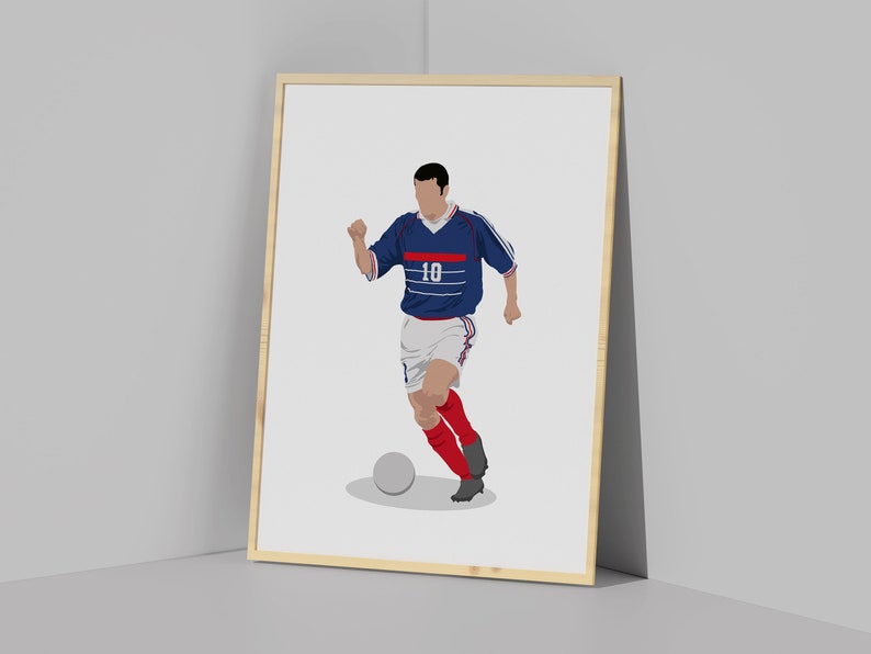 May include: A digital illustration of a soccer player wearing a blue and white jersey with the number 10 on the front. The player is dribbling a soccer ball with his right foot. The background is white.