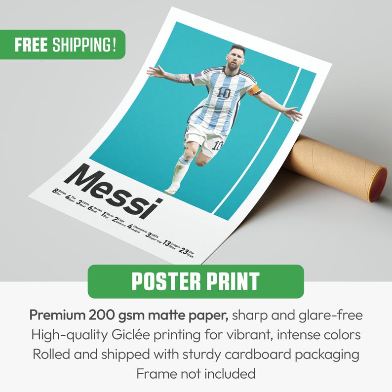 May include: A poster print featuring a soccer player in a blue and white uniform, with the name "Messi" in large letters. The poster has a teal background and includes the text "POSTER PRINT". The poster is rolled and shipped in sturdy cardboard packaging.