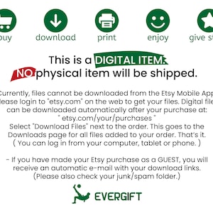 May include: A green and white graphic with icons representing the steps to download a digital item. The icons include a shopping cart, a downward arrow, a printer, a smiley face, and a star. The text reads "This is a DIGITAL ITEM. No physical item will be shipped."