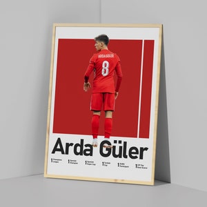 May include: A poster featuring a soccer player in a red jersey with the number 8 on the back. The player is standing with their back to the camera. The poster has the text "Arda G&uuml;ler" in bold black letters at the bottom. The poster also lists the player's accomplishments, including "1 Turkish Cup", "1 UEFA Participant", and "1 Top Scorer".