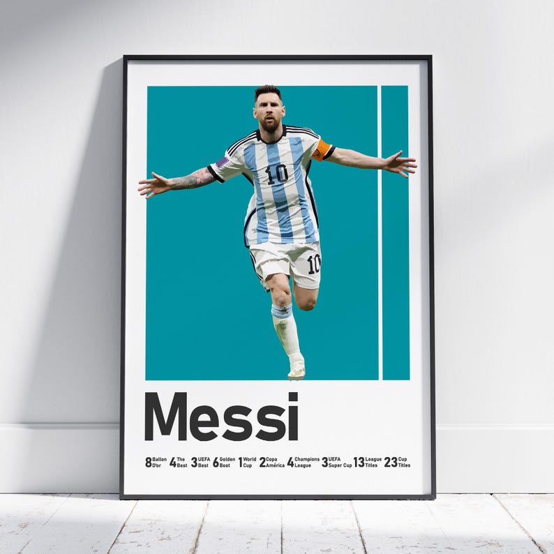 May include: Framed poster featuring a full-length image of a soccer player in a light blue and white striped jersey, arms outstretched. The word "Messi" is below the image, with statistics listed below. The background is teal.