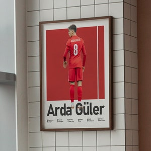 May include: A poster featuring a soccer player wearing a red jersey with the number 8 on the back. The player is facing away from the camera. The poster is titled "Arda G&uuml;ler" in black text.