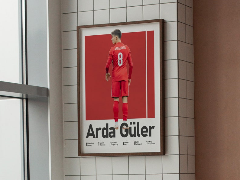 May include: A poster featuring a soccer player wearing a red jersey with the number 8 on the back. The player is facing away from the camera. The poster is titled "Arda G&uuml;ler" in black text.