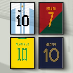 Bundel afdrukbare voetbalsterren, voetbalspelerset, Ronaldo Messi, Neymar Mbappé, 4 voetbalshirts print, 3 maten inbegrepen