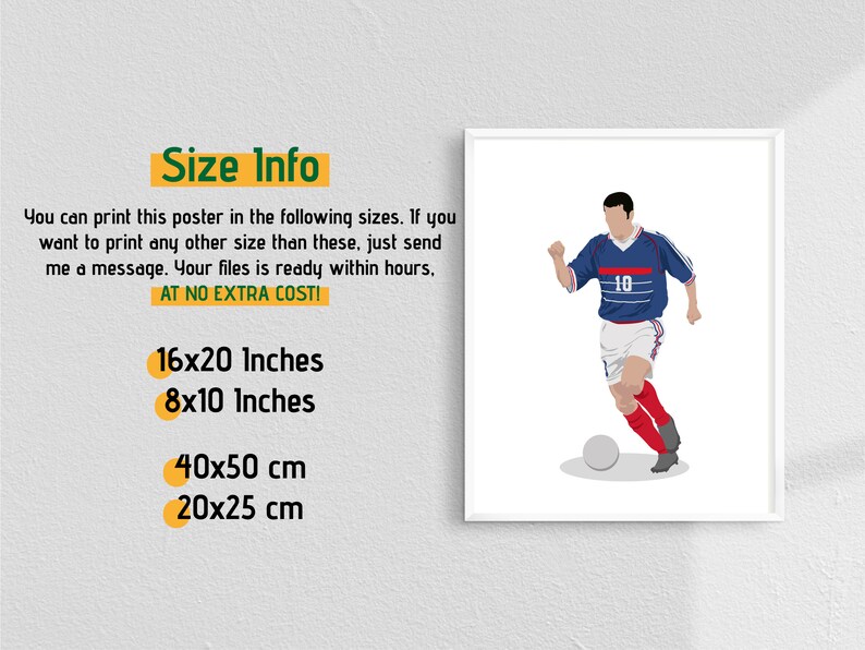 May include: A digital illustration of a soccer player wearing a blue and red jersey with the number 10 on it. The player is dribbling a soccer ball. The image includes text that says "Size Info" and lists the following sizes: 16x20 inches, 8x10 inches, 40x50 cm, and 20x25 cm. The text also says "You can print this poster in the following sizes. If you want to print any other size than these, just send me a message. Your files is ready within hours. AT NO EXTRA COST!"