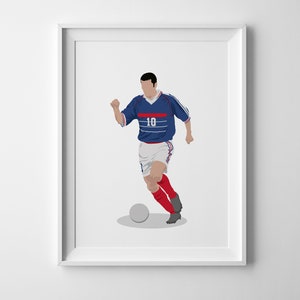 May include: A digital illustration of a soccer player wearing a blue and white jersey with the number 10 on the front. The player is dribbling a white soccer ball.