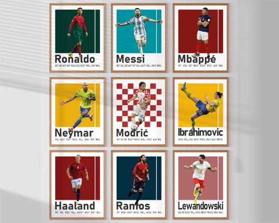 9 Soccer Players Posters Bundle, Ronaldo, Messi, Ibrahimovic, Mbappe, Haaland, Lewandowski, Neymar, Ramos, Modric