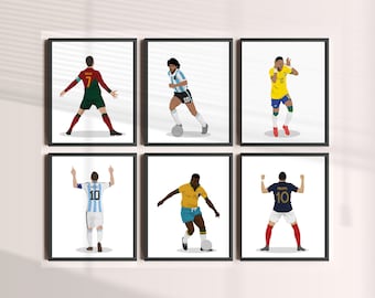 Printable Six Soccer Legends Set, Soccer Wall Art, Maradona Pele Ronaldo Messi Neymar Mbappe Wall Decor,