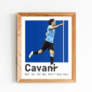 Puede incluir: Un p&oacute;ster enmarcado con un jugador de f&uacute;tbol con un uniforme azul y blanco celebrando un gol. El p&oacute;ster incluye el nombre del jugador "Cavani" y una lista de sus logros, incluyendo 8 premios al m&aacute;ximo goleador, 7 t&iacute;tulos de liga, 16 t&iacute;tulos de la Copa Am&eacute;rica, 1 subcampe&oacute;n de la Liga de Campeones, 4 participaciones en la Copa Mundial y 1 participaci&oacute;n en los Juegos Ol&iacute;mpicos.