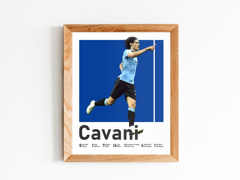 Puede incluir: Un p&oacute;ster enmarcado con un jugador de f&uacute;tbol con un uniforme azul y blanco celebrando un gol. El p&oacute;ster incluye el nombre del jugador "Cavani" y una lista de sus logros, incluyendo 8 premios al m&aacute;ximo goleador, 7 t&iacute;tulos de liga, 16 t&iacute;tulos de la Copa Am&eacute;rica, 1 subcampe&oacute;n de la Liga de Campeones, 4 participaciones en la Copa Mundial y 1 participaci&oacute;n en los Juegos Ol&iacute;mpicos.