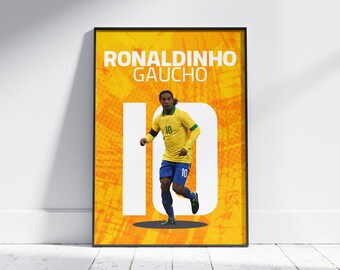 Puede incluir: Un póster amarillo y blanco con una foto de un jugador de fútbol que lleva una camiseta amarilla y azul con el número 10. El póster tiene el texto "Ronaldinho Gaucho" y el número 10 en letras blancas grandes.