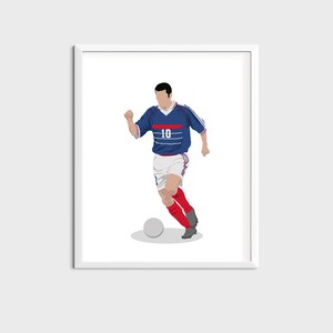 May include: A digital illustration of a soccer player wearing a blue and red jersey with the number 10 on the front. The player is dribbling a white soccer ball.