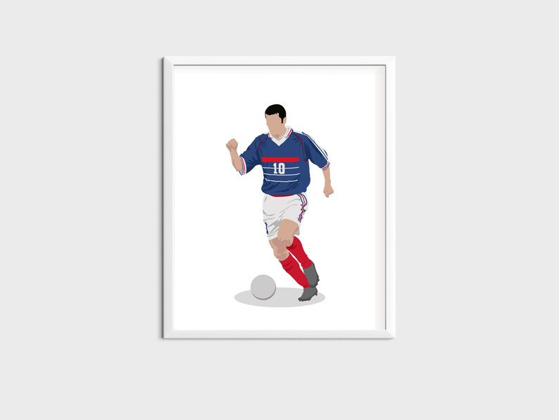 May include: A digital illustration of a soccer player wearing a blue and red jersey with the number 10 on the front. The player is dribbling a white soccer ball.