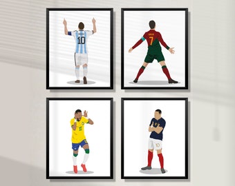 Printable Ronaldo Messi Neymar Mbappe Poster Bundle, Set of 4 Prints, Hand-Drawn Soccer Wall Art