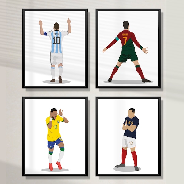 Printable Ronaldo Messi Neymar Mbappe Poster Bundle, Set of 4 Prints, Hand-Drawn Soccer Wall Art