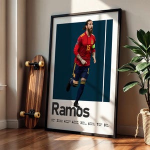Puede incluir: Un p&oacute;ster enmarcado que muestra a un jugador de f&uacute;tbol con una camiseta roja y pantalones cortos azul oscuro con el n&uacute;mero 15. El nombre Ramos est&aacute; impreso en letras negras grandes en la parte inferior, seguido de una lista de logros.