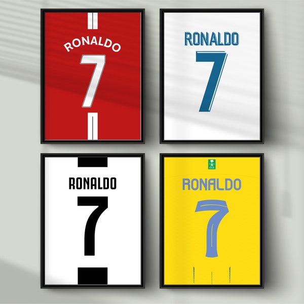 Cristiano Ronaldo All Career Jerseys Bundle , Soccer GOAT Four Shirts Set, Football Wall Art, CR7  Football Shirts Print, 3 Sizes Included