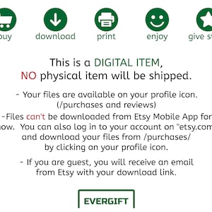 May include: An announcement for a digital item, featuring green icons for actions like buy and download. The text clarifies that no physical item will be shipped. Instructions are provided for accessing the digital files.