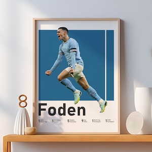 May include: A poster featuring a football player in mid-air, celebrating a goal. The player is wearing a light blue jersey with white accents and black shorts. The poster has a blue background with a white vertical line. The player's name, "Foden", is written in large white letters below the image. The poster also lists the player's accomplishments, including 1 UEFA Super Cup, 1 Champions League, 5 English Champions, 9 Premier League Titles, 1 World Cup Participant, and 1 EURO Participant.