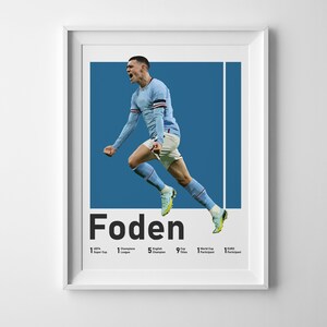 May include: A blue and white poster featuring a photo of a footballer in mid-air celebrating a goal. The player is wearing a light blue shirt with white accents. The poster has the text "Foden" in bold black letters and lists the player's achievements: 1 Premier League, 1 Champions League, 5 English Championships, 9 Premier League Goals, 1 World Cup Participant, 1 Euro Participant.