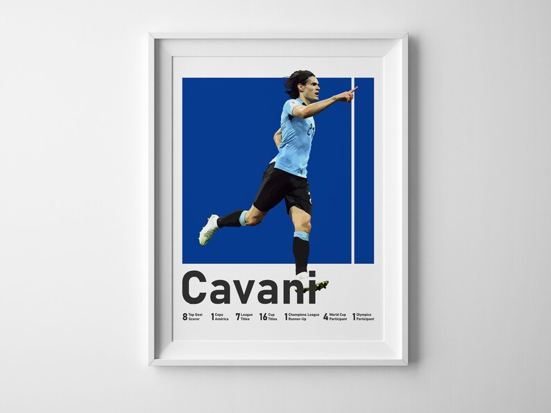 Puede incluir: Un p&oacute;ster con un jugador de f&uacute;tbol con una camiseta azul celebrando un gol. El jugador es Edinson Cavani, un futbolista profesional uruguayo. El p&oacute;ster incluye su nombre y una lista de sus logros, incluyendo 8 premios al m&aacute;ximo goleador, 7 t&iacute;tulos de liga, 16 apariciones en finales, 1 subcampeonato de la Liga de Campeones, 4 participaciones en la Copa Mundial y 1 participaci&oacute;n en los Juegos Ol&iacute;mpicos.