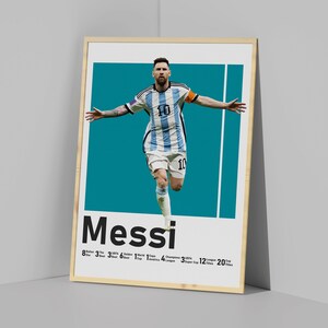 May include: Framed poster featuring footballer Lionel Messi in his Argentina national team kit. The poster has a teal background with the name "Messi" and his achievements listed below.