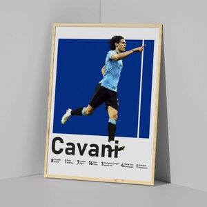 Puede incluir: Un p&oacute;ster enmarcado con un jugador de f&uacute;tbol con una camiseta azul celebrando un gol. El p&oacute;ster incluye el nombre del jugador "Cavani" y una lista de sus logros en su carrera, incluyendo 8 t&iacute;tulos de m&aacute;ximo goleador, 7 t&iacute;tulos de liga, 16 t&iacute;tulos de copa, 1 subcampe&oacute;n de la Liga de Campeones, 4 participaciones en la Copa Mundial y 1 participaci&oacute;n ol&iacute;mpica.