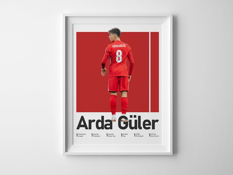 May include: A poster featuring a soccer player wearing a red jersey with the number 8 on the back. The player is standing on a red background with the name "Arda G&uuml;ler" in black text below. The poster also includes a list of the player's accomplishments.