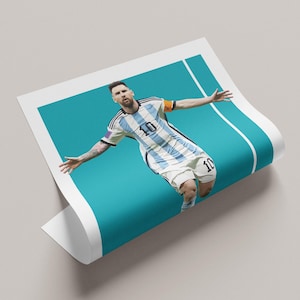 May include: A poster featuring a soccer player in a light blue and white striped jersey with the number 10. The player is celebrating with arms outstretched against a teal background.