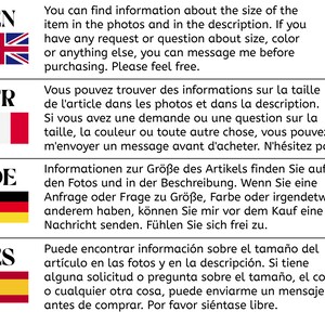 May include: Image with text in English, French, German, and Spanish. The English text advises checking photos and description for size details and to message before buying with any queries. Flags of the UK, France, Germany, and Spain are shown.