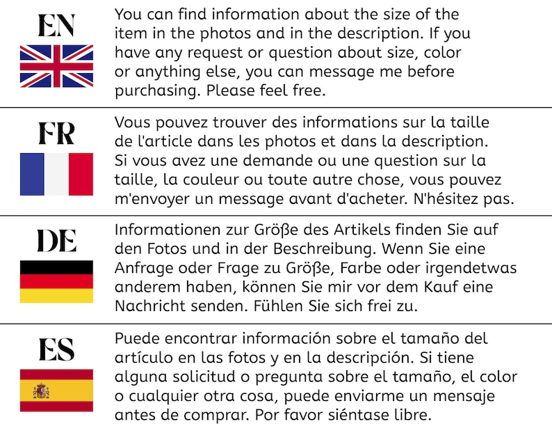 May include: Image with text in English, French, German, and Spanish. The English text advises checking photos and description for size details and to message before buying with any queries. Flags of the UK, France, Germany, and Spain are shown.