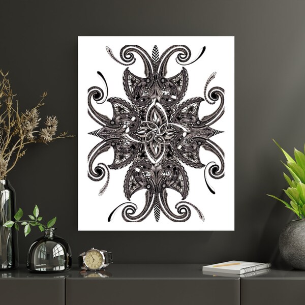 Floral Indian Mehndi Design Print, Pen and Ink Drawing, Black and White, Cultural Art, Abstract Art, Ink Artwork, Wall Art, Contemporary Art