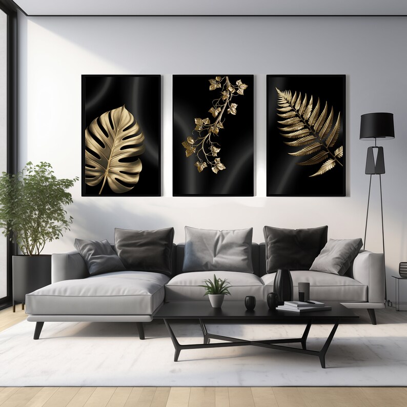 Black and Gold Wall Art Set of 3, Botanical Art, Printable Wall Art ...