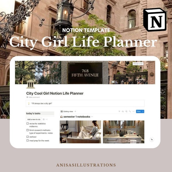 Aesthetic City Cool Girl Notion Life Planner Template, College Digital Planner, That Girl Notion Setup, Gifts for Teens, University Students